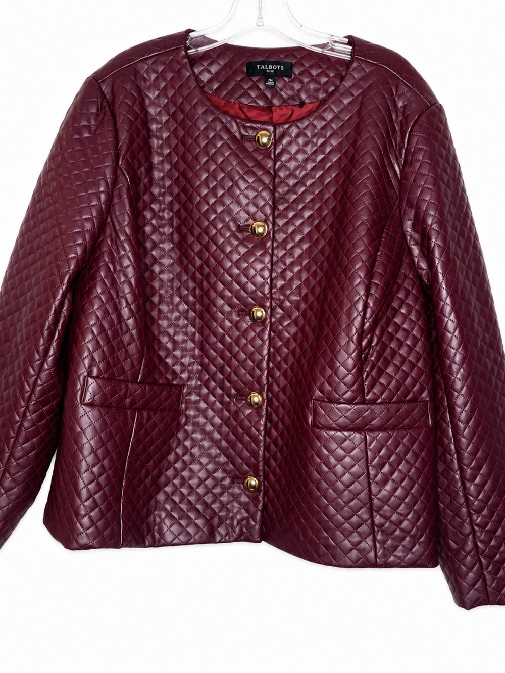 Talbots Quilted Faux Leather Jacket Size 16w in Wine Burgundy Red Gold Buttons